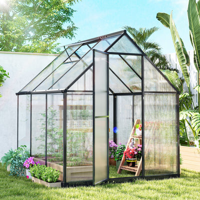 Outsunny Polycarbonate Greenhouse with Swing Door and Adjustable Window, Walk-in Greenhouse with Rain Gutter, 5.5 x 6ft, Black 