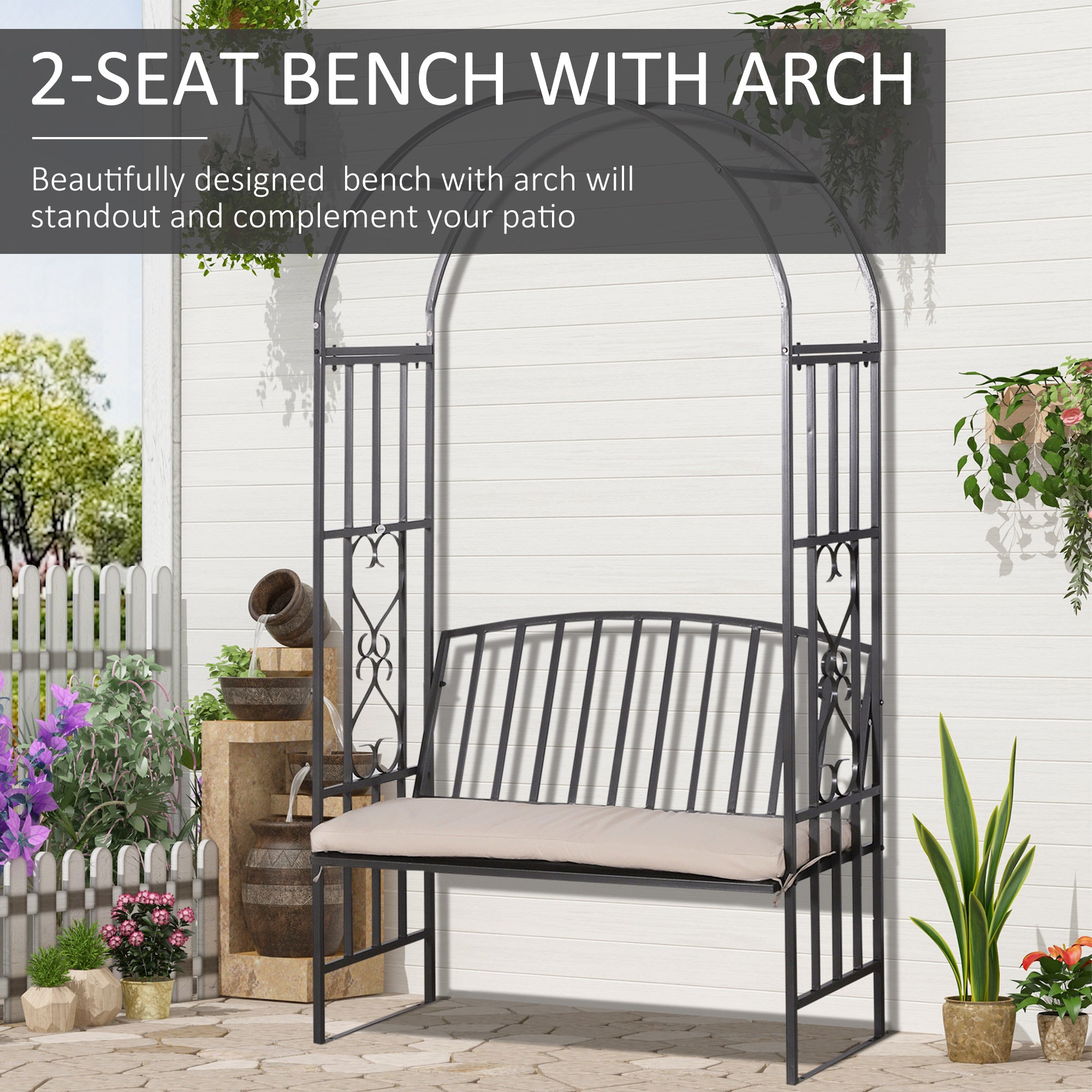Outsunny Metal Frame Bench W/Arch, 114Lx60Wx206H cm-Grey 