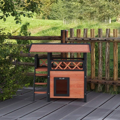 PawHut Cat House Outdoor w/ Balcony Stairs Roof, 77 x 50 x 73 cm, Brown 