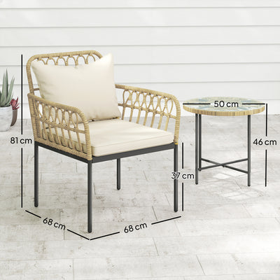 Outsunny 3 Piece Rattan Bistro Set, Wicker Garden Furniture Set with Cushions, Glass Top Coffee Table and Chairs for Outdoor, Patio, Balcony, Beige 