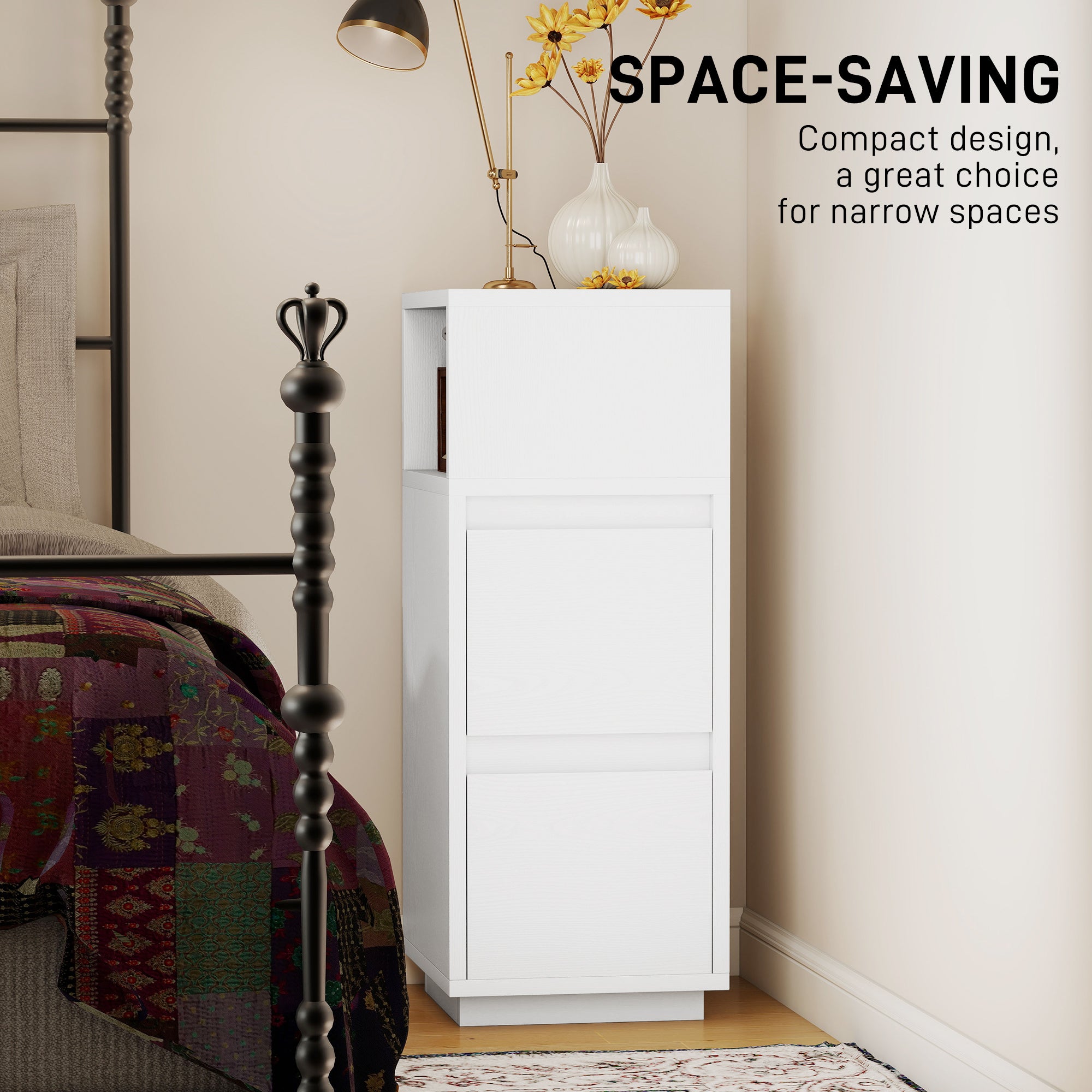 HOMCOM Slim Bedside Table, Narrow Bedside Cabinet with Open Shelf and 2 Drawers for Bedroom, Living Room, White 