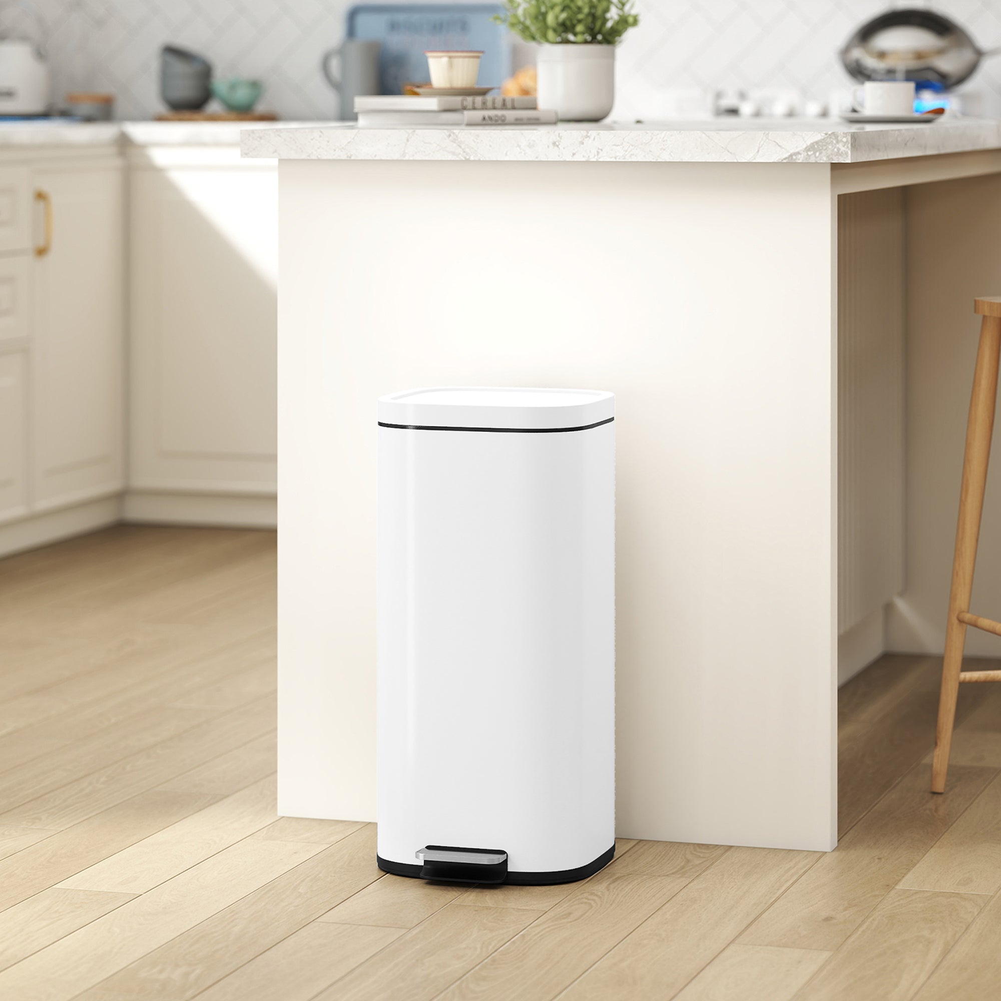 HOMCOM 30L Kitchen Bin, Compact Pedal Bin with Soft-Close and Stay-Open Lid, Removable Bucket for Kitchen, Home, Office, White 