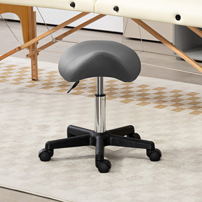 HOMCOM Saddle Stool, PU Leather Adjustable Rolling Salon Chair with Steel Frame for Massage, Spa, Beauty and Tattoo, Grey 