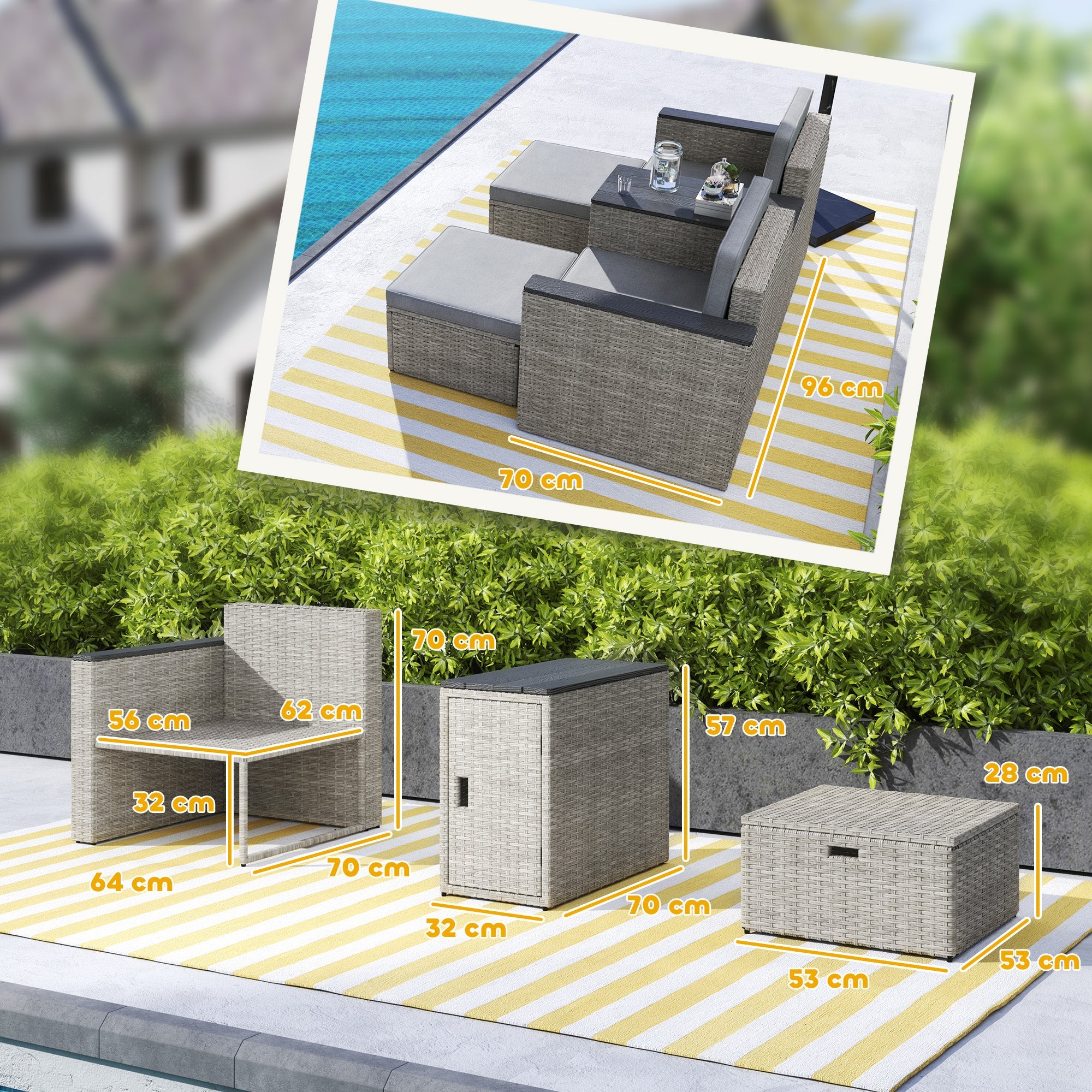 Outsunny 5 Piece Rattan Garden Furniture Set, Nesting Outdoor Furniture Conversation Set with 2 Footstools, WPC Storage Coffee Table and Cushions, Wicker Garden Sofa for Conservatory, Terrace, Grey 
