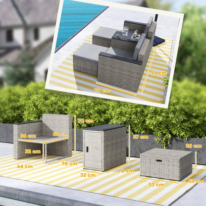 Outsunny 5 Piece Rattan Garden Furniture Set, Nesting Outdoor Furniture Conversation Set with 2 Footstools, WPC Storage Coffee Table and Cushions, Wicker Garden Sofa for Conservatory, Terrace, Grey 