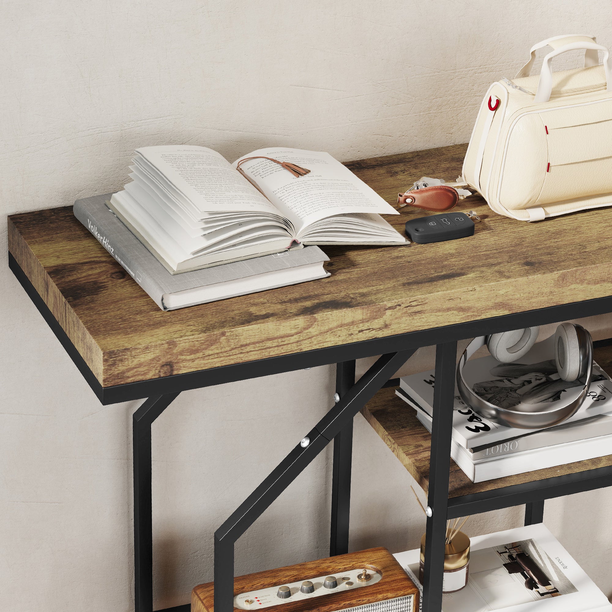 HOMCOM 4-Tier Industrial Console Table - Rustic Brown 