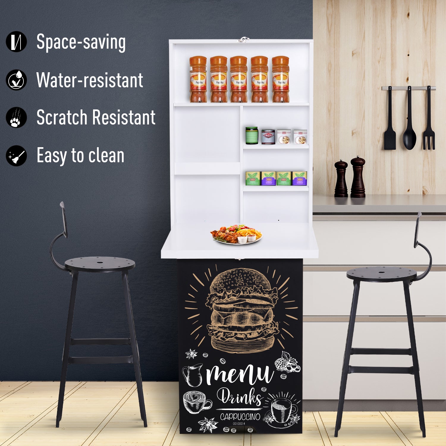 HOMCOM Folding Wall-Mounted Drop-Leaf Table, Convertible Wall Table With Chalkboard and Storage Shelf, Multifunctional Floating Desk for Home Office, White 