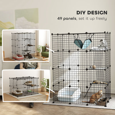 PawHut 4-Tier DIY Large Cat Cage with Hammock, Ramps, 5 Doors, Indoor Use for 1-3 Cats, Black 
