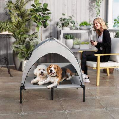 PawHut Portable Elevated Dog Bed with Removable Canopy, Cooling Raised Pet Cot for Medium Large Dogs, 92 x 75 x 89 cm 