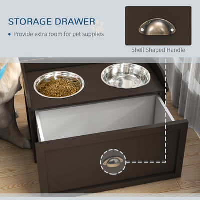 PawHut Stainless Steel Raised Dog Bowls, with 21L Storage Drawer for Large Dogs - Brown 