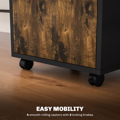 HOMCOM 60cm Filing Cabinet with Drawer, Open Shelf, Metal Handles and 4 Wheels, Office Home Organiser Mobile Printer, Rustic Brown 