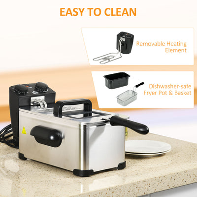 HOMCOM 3 Litre Stainless Steel Deep Fat Fryer with Adjustable Temp, 60min Timer, Viewing Window and Safety Cut Out, 2000W 