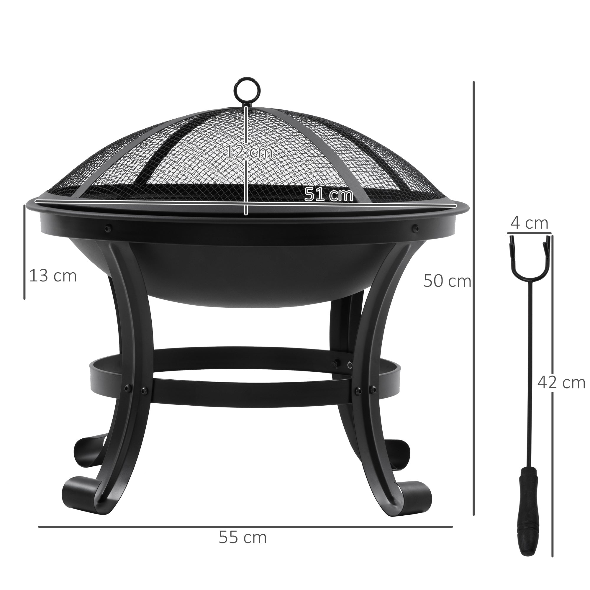 Outsunny Outdoor Fire Pit, Firepit with Mesh Lid, Poker, for Camping, Bonfire, Picnic, Black 