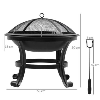 Outsunny Outdoor Fire Pit, Firepit with Mesh Lid, Poker, for Camping, Bonfire, Picnic, Black 