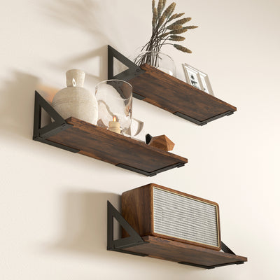 HOMCOM Set of 3 Wall Shelves, Vintage Wall Mounted Floating Shelves for Living Room, Entryway, Bedroom, Rustic Brown 