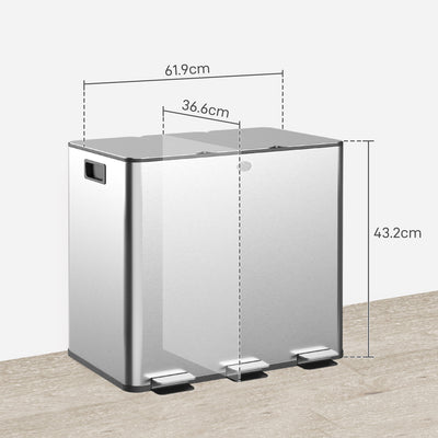 HOMCOM 3 x 15L Pedal Bin, Steel Triple Kitchen Bin with Soft Close Lid, Removable Inner Buckets, Fingerprint-Proof, Silver 