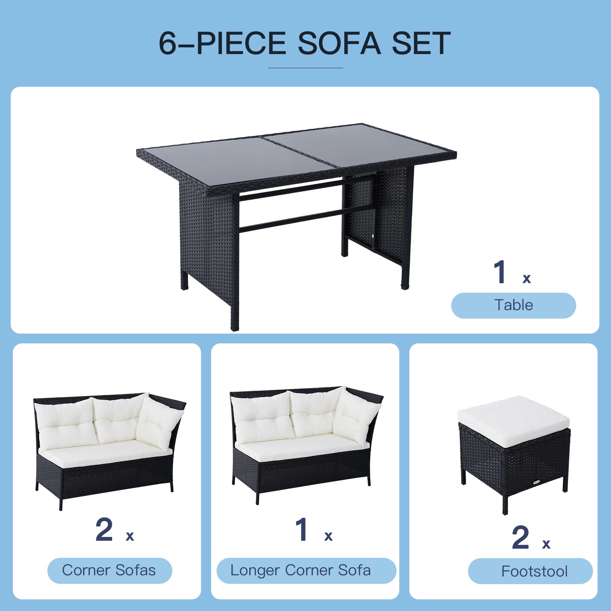 Outsunny 8-Seater Garden Rattan Furniture Rattan Corner Dining Sofa Set Wicker Conservatory Furniture Lawn Patio Coffee Table Foot Stool w/Cushion-Black 