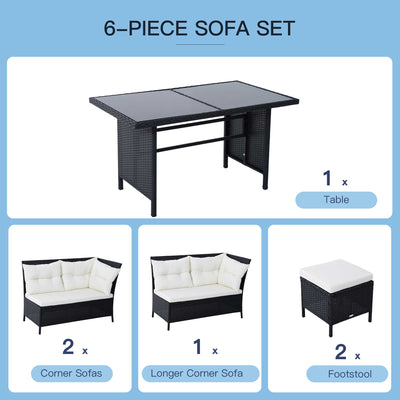 Outsunny 8-Seater Garden Rattan Furniture Rattan Corner Dining Sofa Set Wicker Conservatory Furniture Lawn Patio Coffee Table Foot Stool w/Cushion-Black 