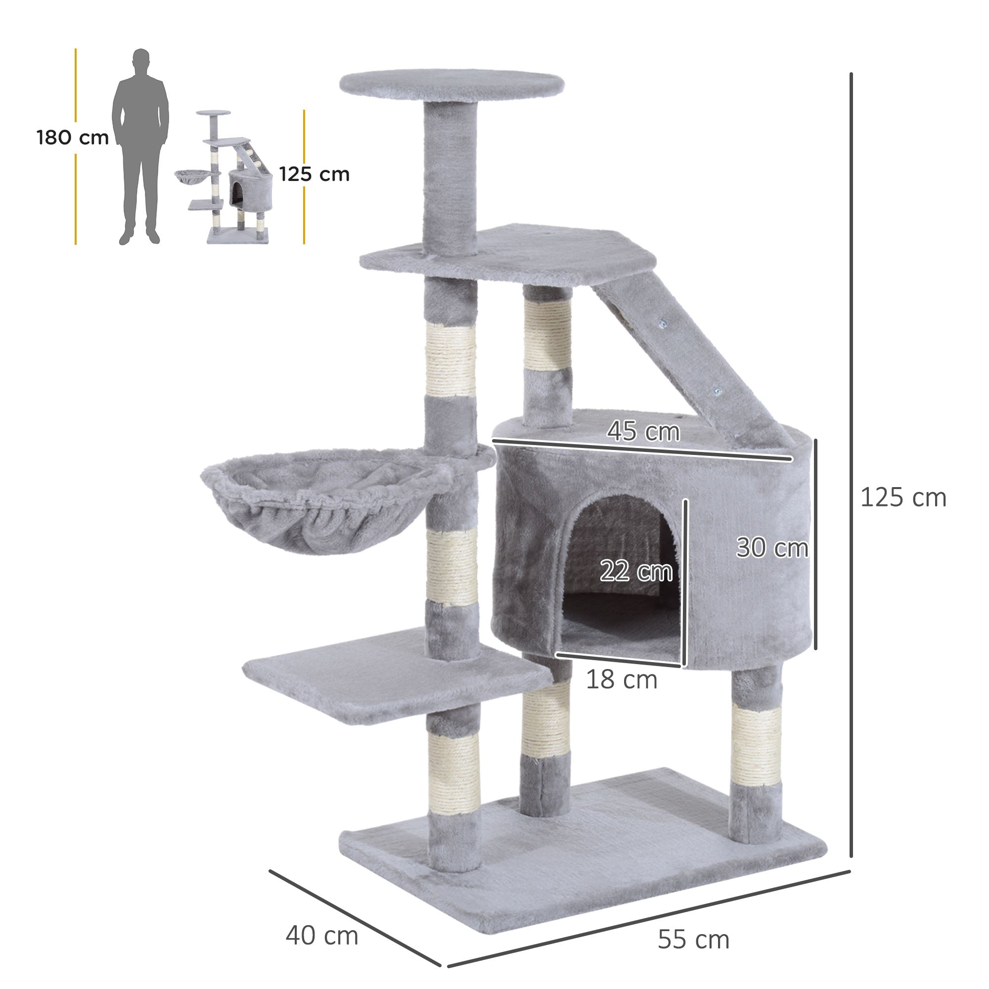 PawHut Cat Tree for Indoor Cats Kitten Scratching Post Scratch Scratcher Climb Activity Center Play House Pet Furniture 125cm (Grey) 