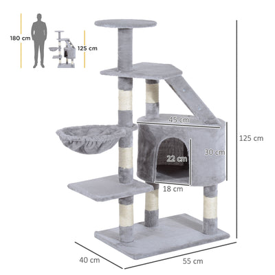 PawHut Cat Tree for Indoor Cats Kitten Scratching Post Scratch Scratcher Climb Activity Center Play House Pet Furniture 125cm (Grey) 