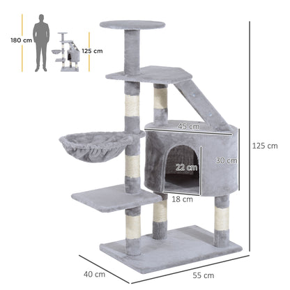 PawHut Cat Tree for Indoor Cats Kitten Scratching Post Scratch Scratcher Climb Activity Center Play House Pet Furniture 125cm (Grey) 