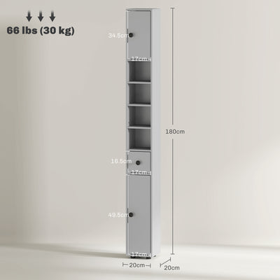kleankin 180cm Slim Bathroom Cabinet, with Drawer, Shelves and Cupboards - Grey 