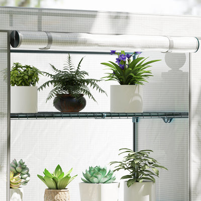Outsunny 4 Tier Lean-to Mini Greenhouse with Reinforced PE Cover, Portable Small Greenhouse with Roll-Up Door, Grey Hemmed Edging, 110 x 50 x 171cm, Grey 