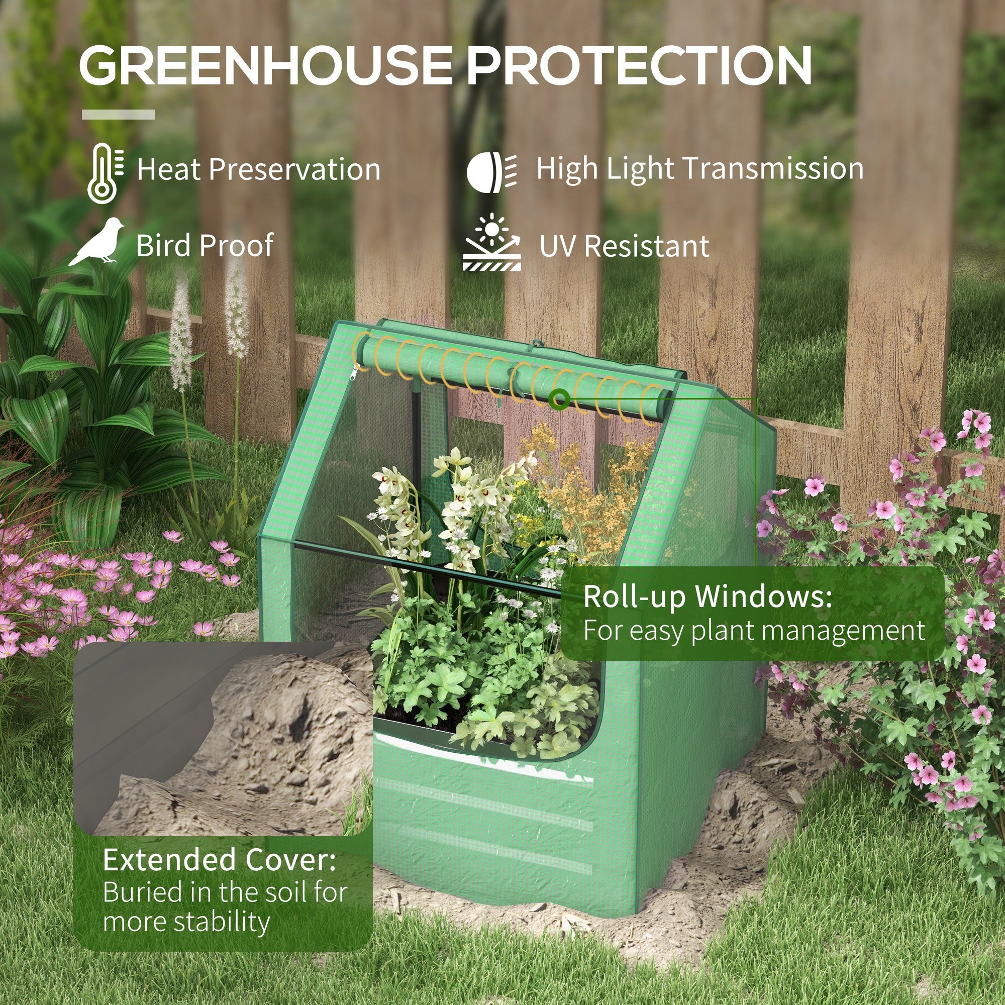 Outsunny 61 x 61cm Garden Planter Bed, with Cover - Green and Silver 