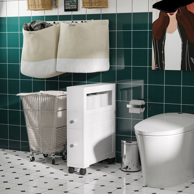 HOMCOM 72x16cm Narrow Bathroom Storage Unit w/ 2 Drawers Open Top 4 Wheels Slimline Modern Rolling Home Organisation 