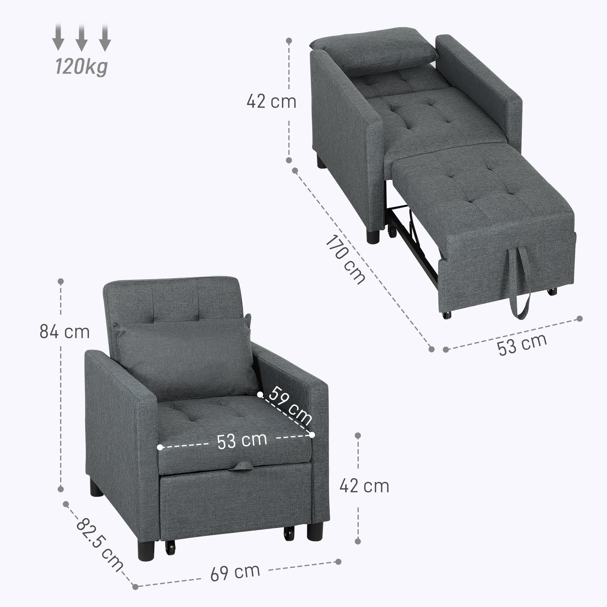 HOMCOM 3-In-1 Chair Bed, Convertible Sleeper Chair with Adjustable Backrest, Pillow and Footrest for Living Room, Dark Grey 