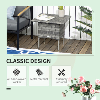 Outsunny Rattan Side Table, Outdoor Coffee Table with Plastic Board Under the Full Woven Table Top for Patio, Garden, Balcony, Mixed Grey 