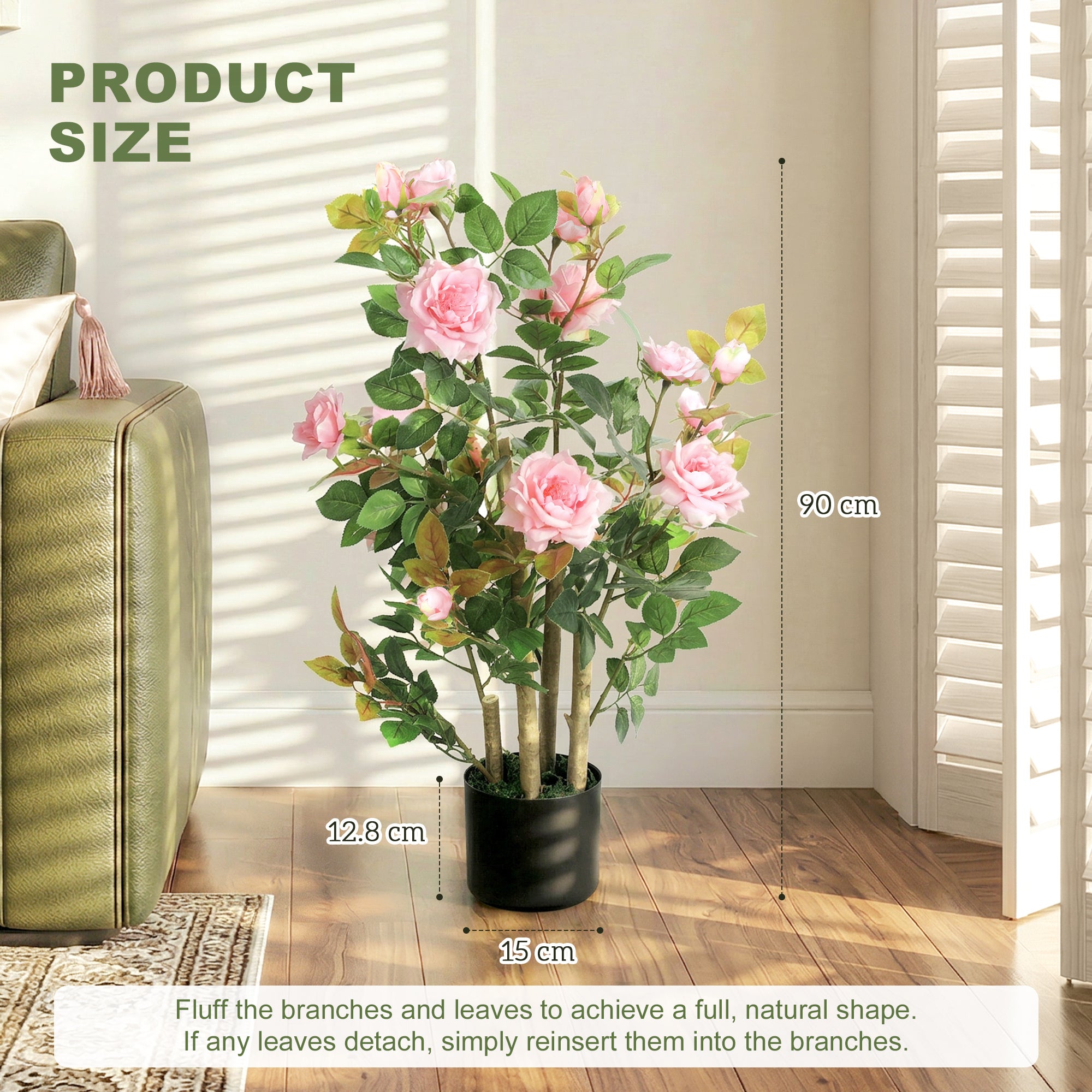 HOMCOM 90cm Artificial Rose Tree Set of 2, Decorative Fake Plant with 344 Silk Leaves 17 Flowers for Outdoor Indoor Decor, Pink 