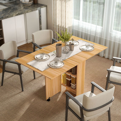 HOMCOM Folding Dining Table, Drop Leaf Table for Small Spaces, Foldable Rectangular Tabletop with Storage Shelves for Kitchen, Dining Room, Teak 