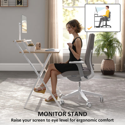 HOMCOM 81.5 cm Folding Computer Desk with Monitor Shelf - Natural Wood Finish 