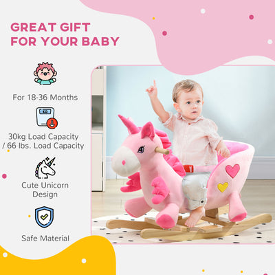 HOMCOM Kids Rocking Horse Ride on Unicorn with Songs, Wooden Base, Seatbelt, for Ages 18-36 Months, Pink 