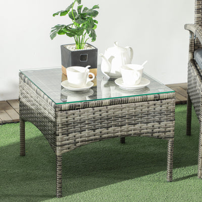 Outsunny 3 Pieces Rattan Bistro Set, Wicker Garden Furniture Set with Glass Top Coffee Table and Chairs, Washable Cushions for Outdoor, Patio, Balcony, Mixed Grey 