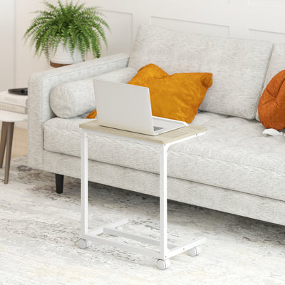 HOMCOM C-Shaped Sofa Side Table, Height Adjustable Overbed Table with Tilting Desktop, Mobile Laptop Desk for Living Room Bedroom, Oak and White 