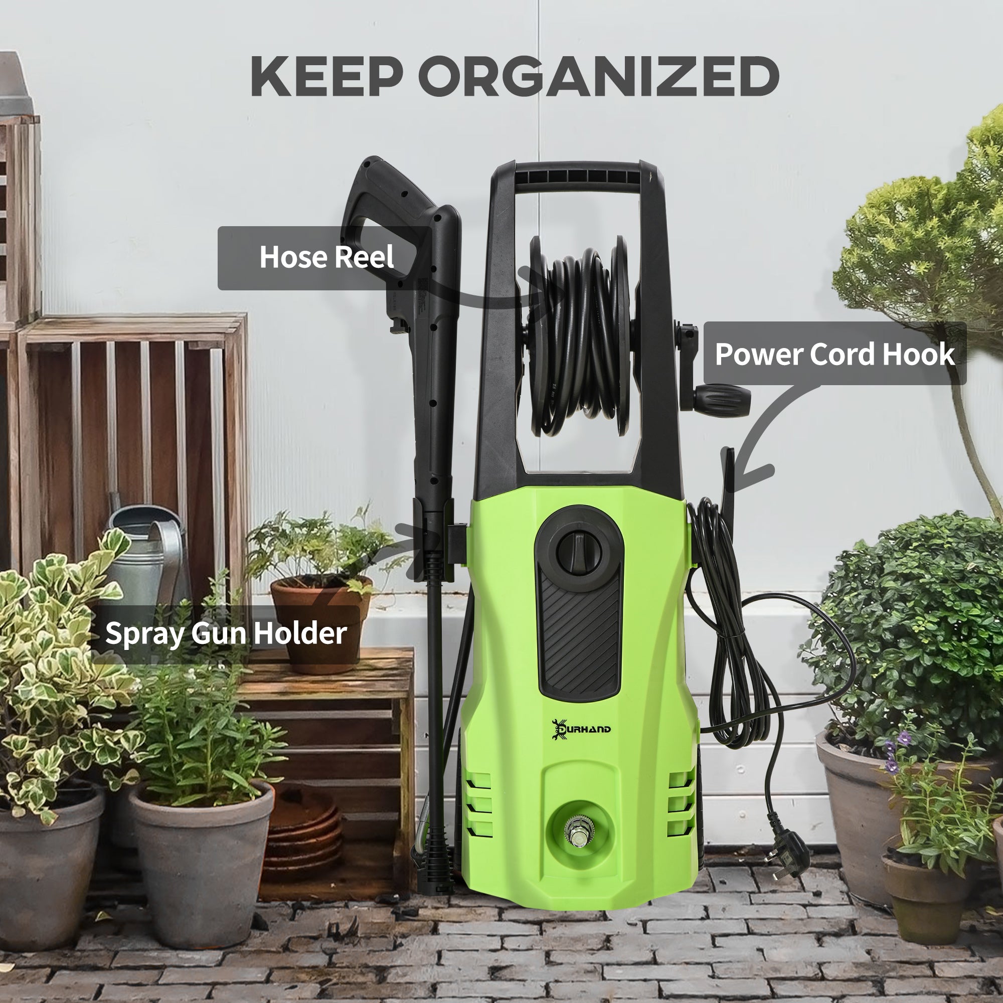 DURHAND 1800W High\'c2\'a0Pressure\'c2\'a0Washer, 150 Bar Pressure, 510 L/h Flow, High-Performance Portable Power Jet Wash Cleaner Green