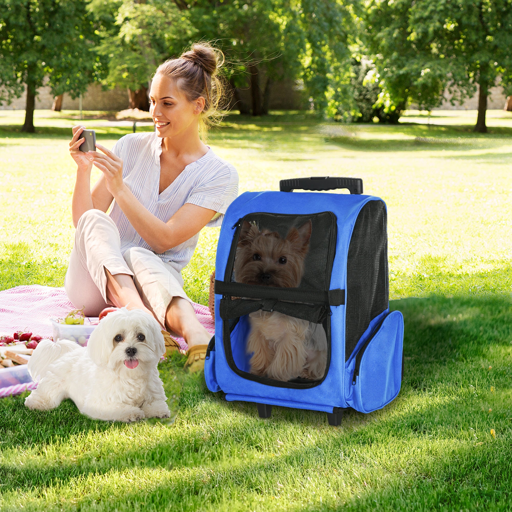 PawHut Pet Travel Backpack Bag Cat Puppy Dog Carrier w/ Trolley and Telescopic Handle Portable Stroller Wheel Luggage Bag (Blue) 