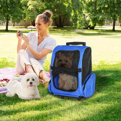 PawHut Pet Travel Backpack Bag Cat Puppy Dog Carrier w/ Trolley and Telescopic Handle Portable Stroller Wheel Luggage Bag (Blue) 