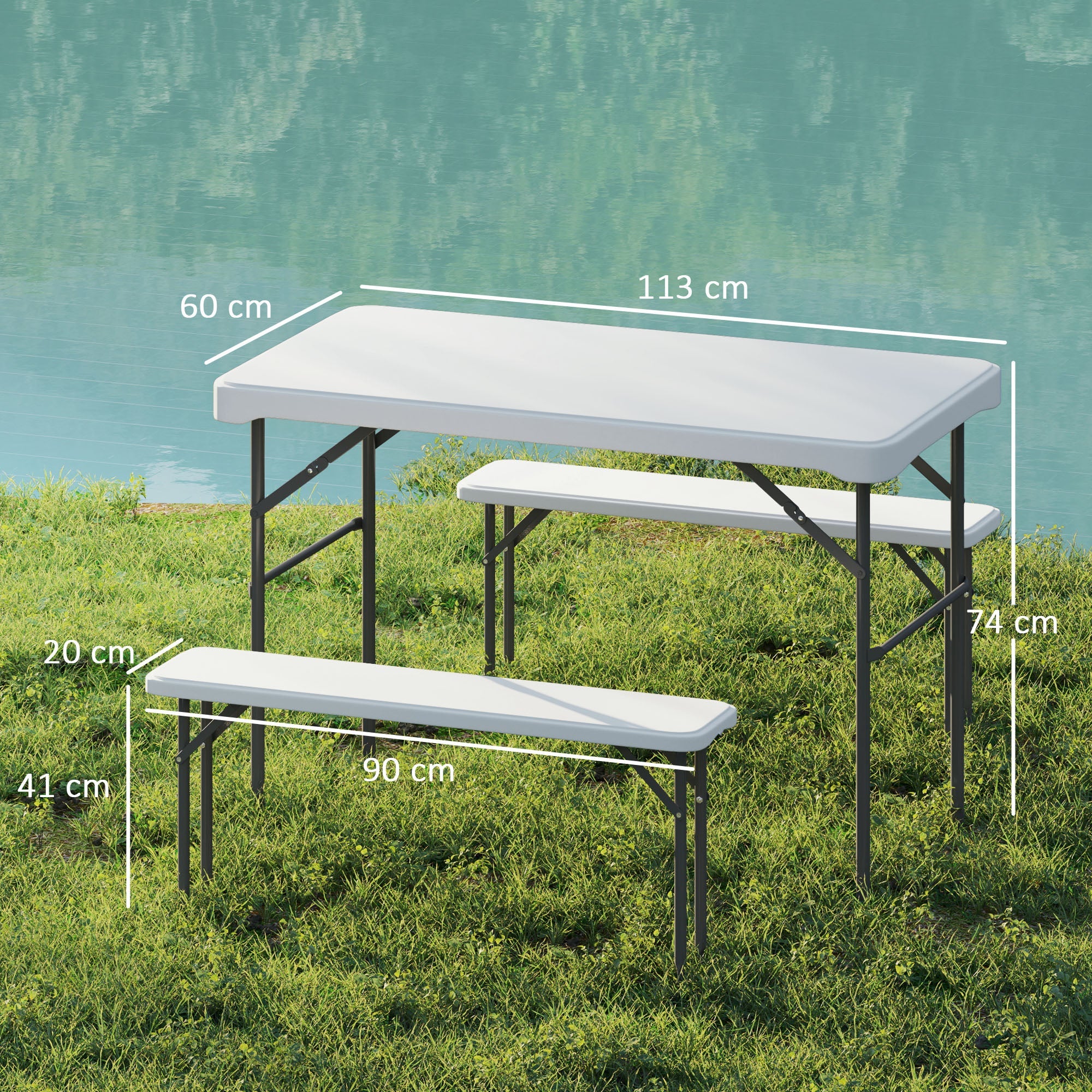 Outsunny 3 Piece 4ft Folding Picnic Table and Bench Set, Portable HDPE Camping Table and Chairs with Carrying Handle for Indoor Outdoor, Dining, Camping, Picnic, BBQ, Party, Light Grey 