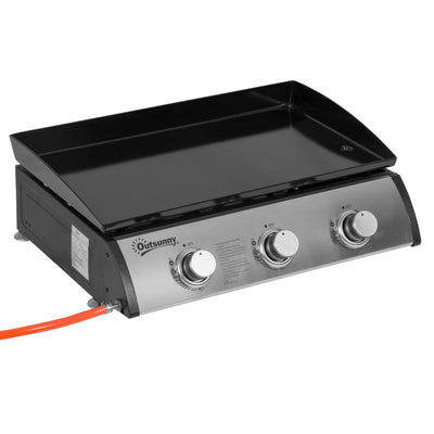 Outsunny Gas Plancha Grill with 3 Stainless Steel Burner, 9kW, Portable Tabletop Gas BBQ with Non-Stick Griddle for Camping Picnic Garden Party Festival 