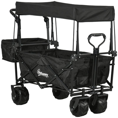 Outsunny Folding Trolley Cart Storage Wagon Beach Trailer 4 Wheels with Handle Overhead Canopy Cart Push Pull for Camping, Black 