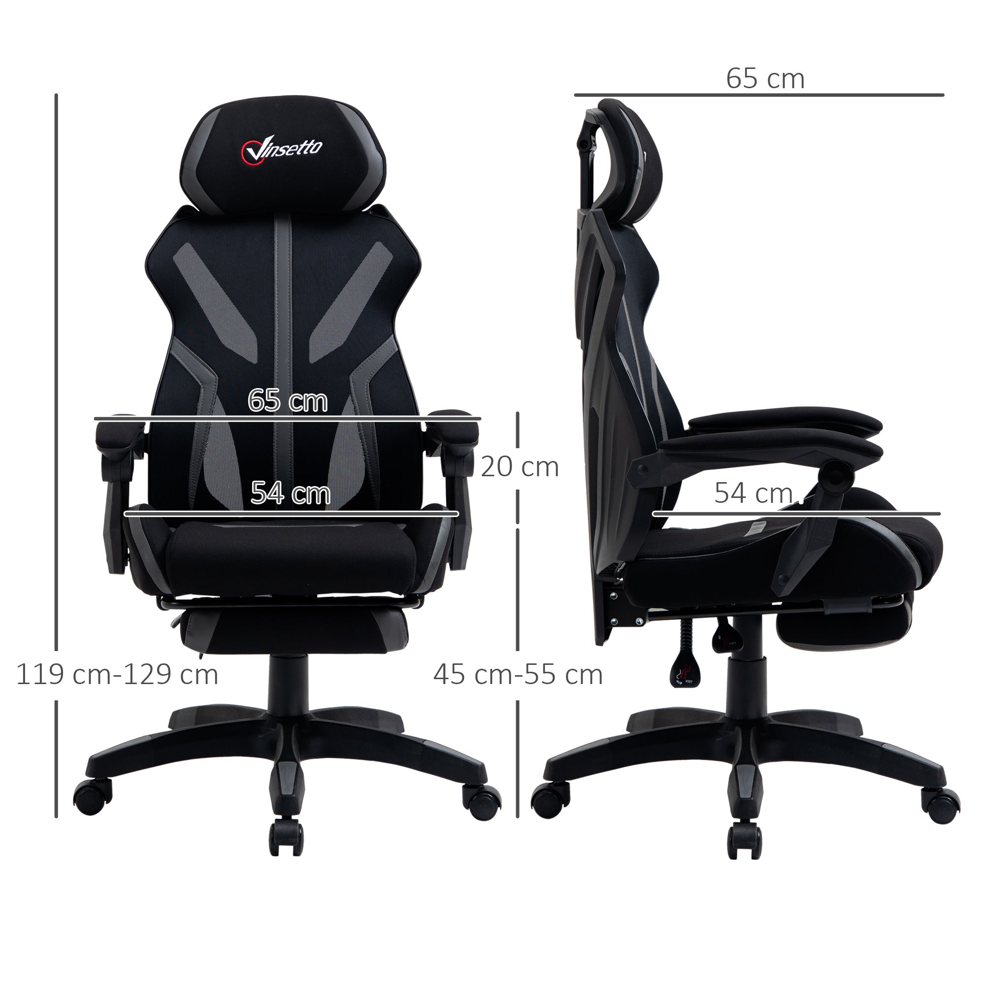 Vinsetto Mesh Office Chair Desk Task Computer Recliner with Footrest, Lumbar Back Support, Swivel Wheels, Adjustable Height for Home, Black Grey 
