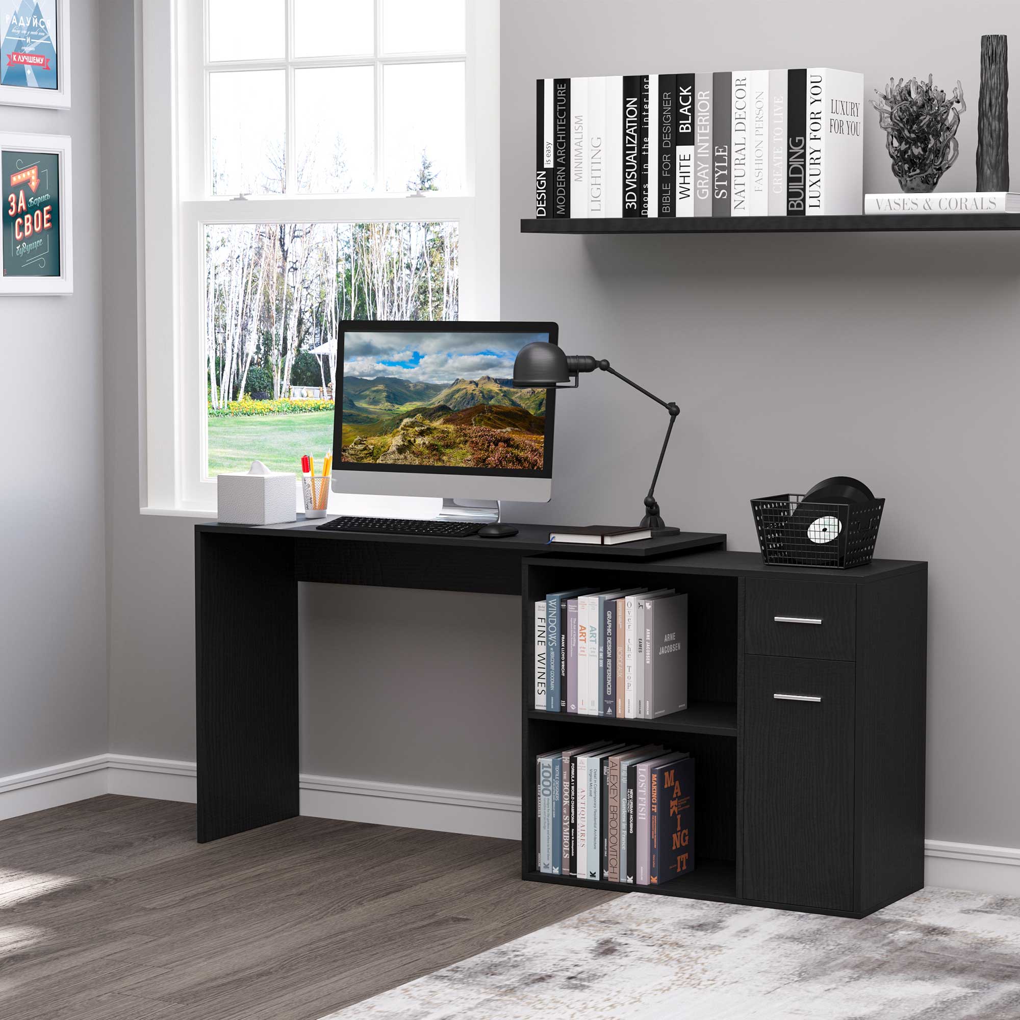 HOMCOM L-Shaped Desk, Corner Computer Desk, Adjustable Study Table with Storage Shelf, Drawer and Cabinet, Workstation for Home Office, Black Wood Grain 