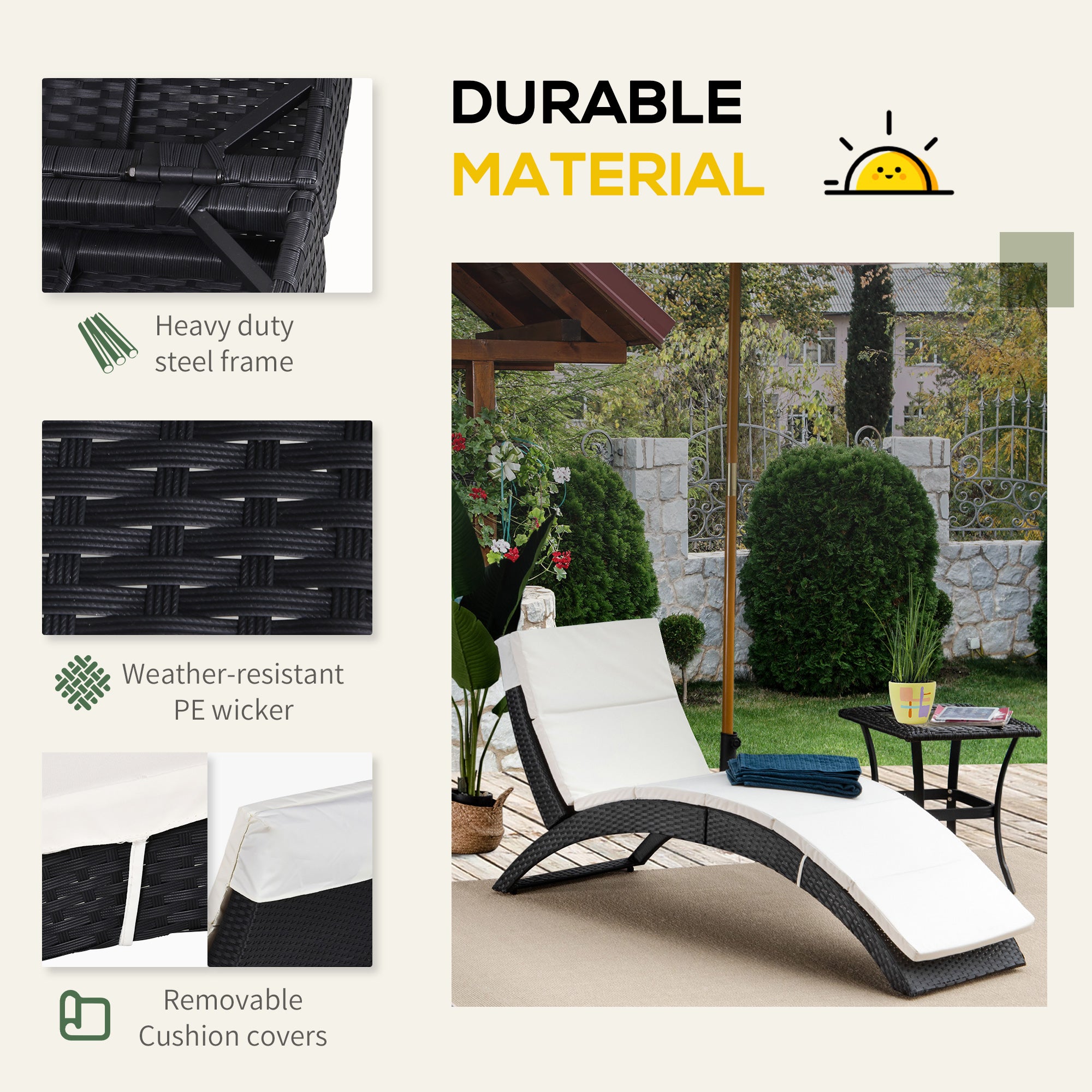 Outsunny Outdoor Foldable PE Rattan Sun Lounger with Soft Padded Cushion, Ergonomic Curved Design Sun Bed for Balcony, Garden, Black 
