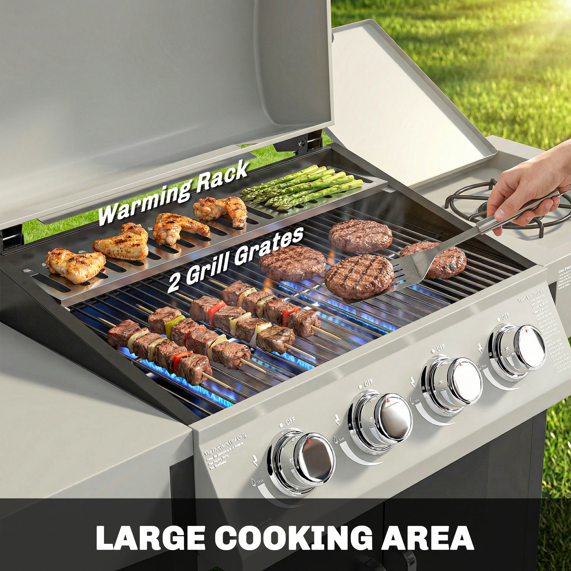 Outsunny 4+1 Burner Gas BBQ Grill with Side Burner, 50000 BTU Steel Portable Gas Barbecue Grill with Built-in Thermometer, Lid 
