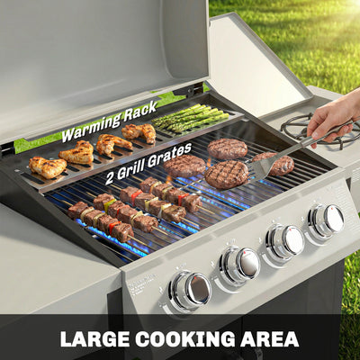 Outsunny 4+1 Burner Gas BBQ Grill with Side Burner, 50000 BTU Steel Portable Gas Barbecue Grill with Built-in Thermometer, Lid 
