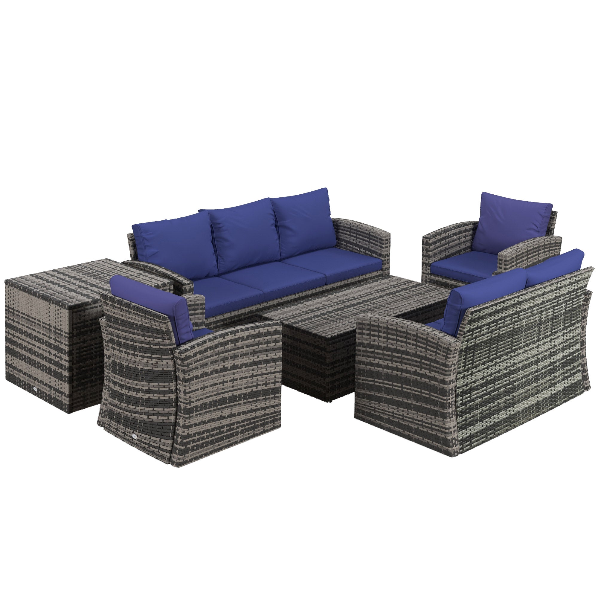 Outsunny 6 Pieces Rattan Garden Furniture Set, 7 Seater Wicker Outdoor Furniture Set with Storage Tea Table & Side Table, Sectional Garden Sofa Set with Cushions, Navy Blue 