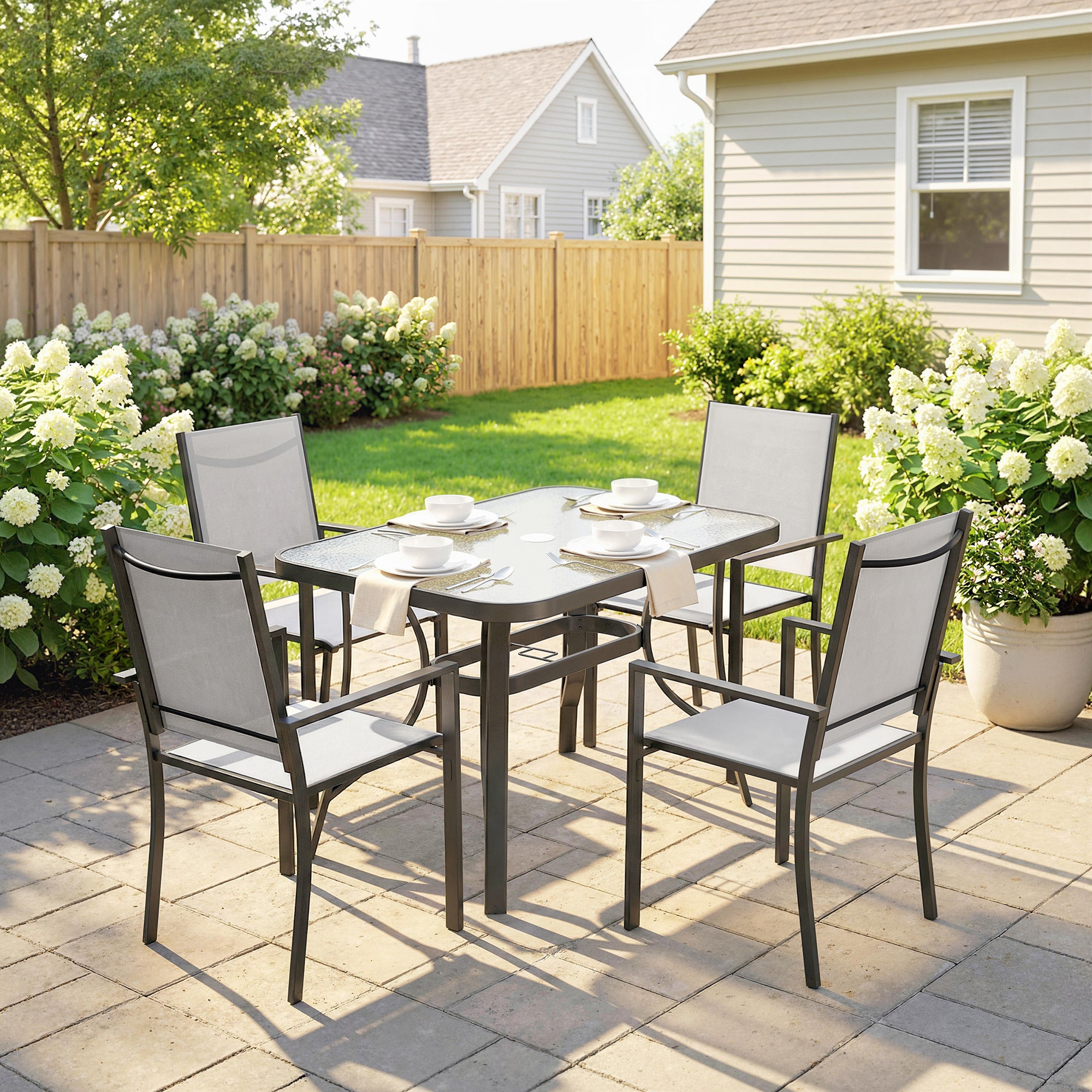 Outsunny Garden Dining Set for 4 with Umbrella Hole, Stackable Chairs and Rectangular Glass-Top Outdoor Table, Light Grey 